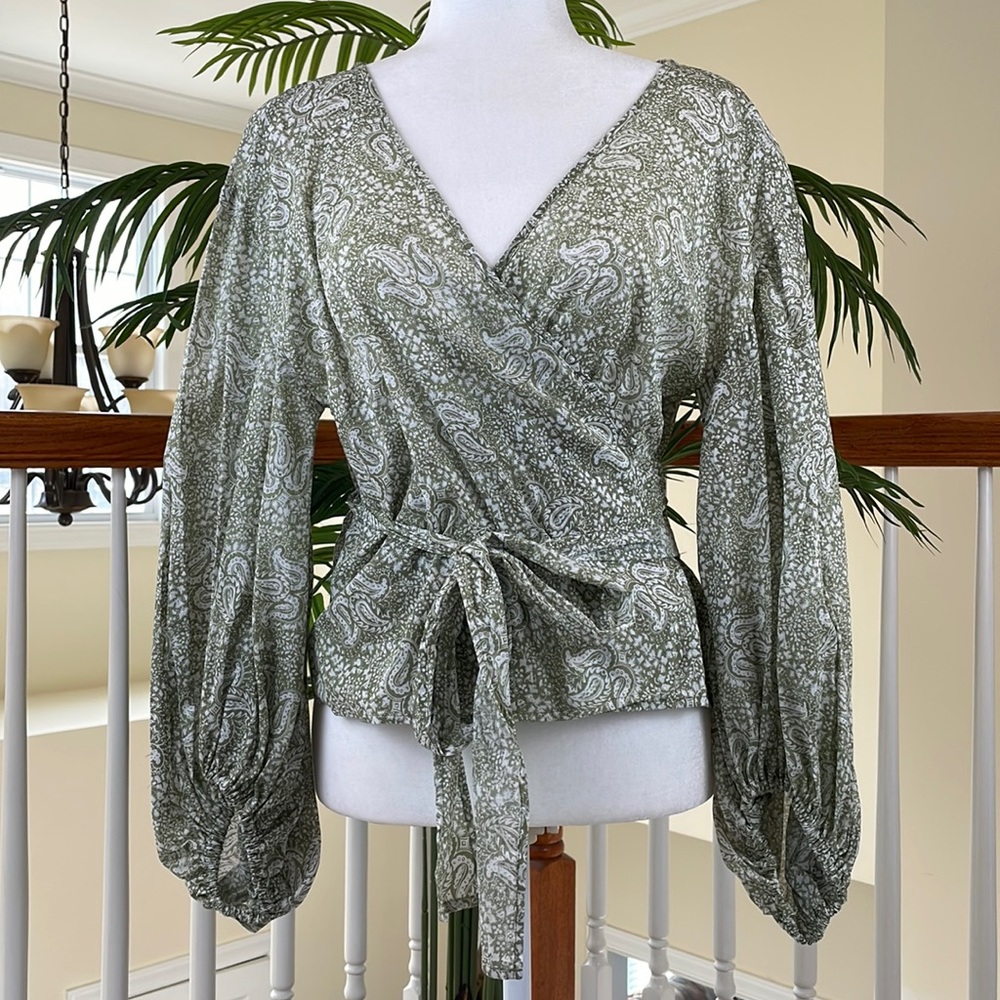 MICHAEL KORS ~ Cotton Paisley-Print Wrap Top ~ Army Green ~ Size: M ~NWT!
